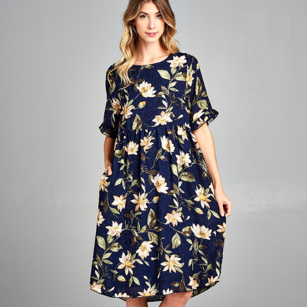 Navy Flounce Sleeve Floral Dress
